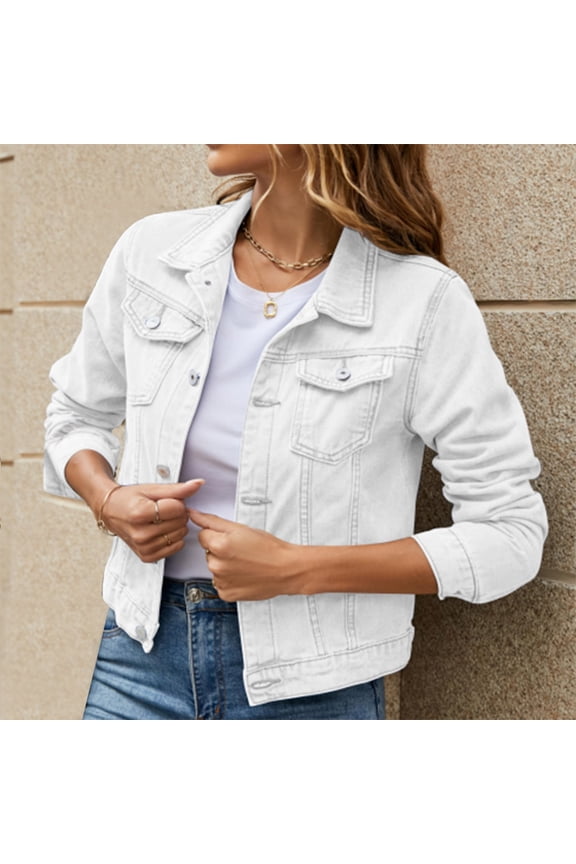 White Denim Leisure Solid Lapel Weekend Loose Women's Denim Jackets, Women's Basic Solid Color Button Down Denim Cotton Jacket With Pockets Denim Jacket Coat