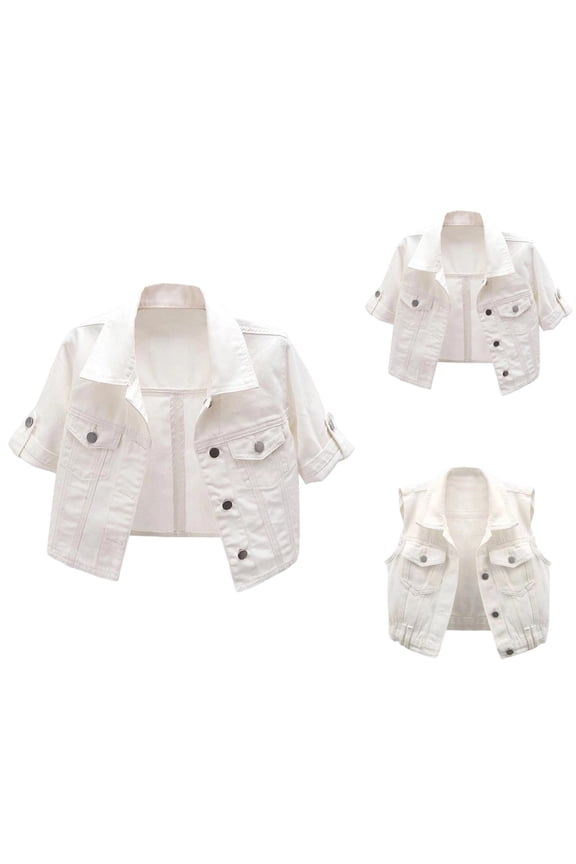 White Denim Vest Jacket for Women Sleeveless Button Down Lapel Collar Casual Cropped Jean Vest Outerwear