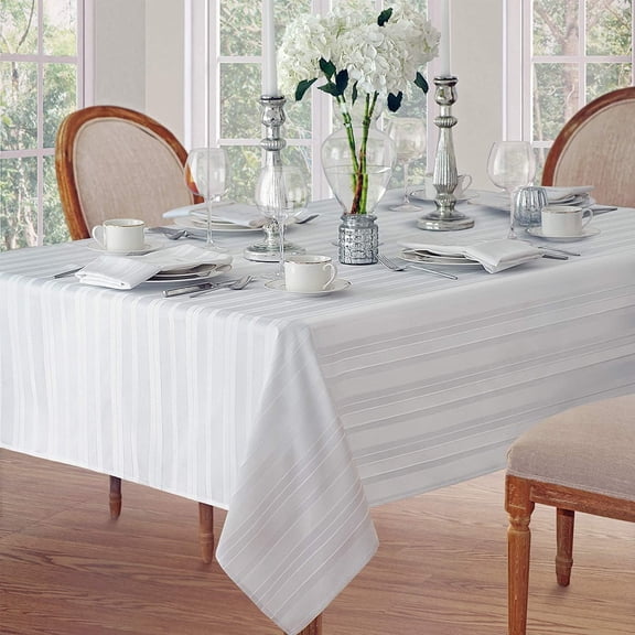 Christmas White Denley Woven Textured Satin Stripe 60 x 144 inch Rectangle Fabric Dining Tablecloth