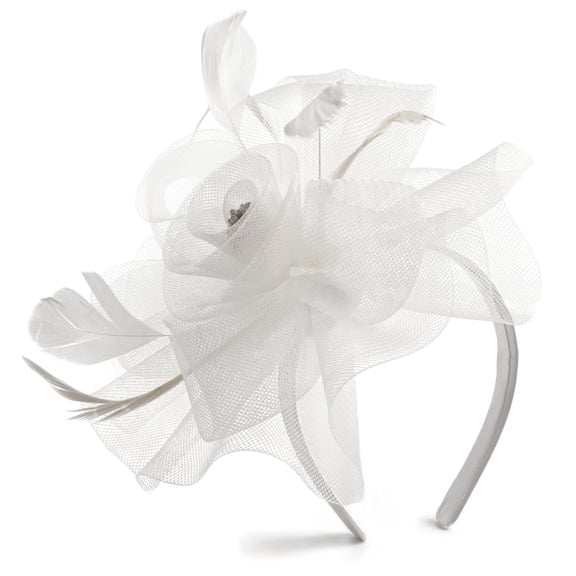 Needzo White Tulle Fascinator, Kentucky Derby Hat for Women, Clip or Headband Style, One Size