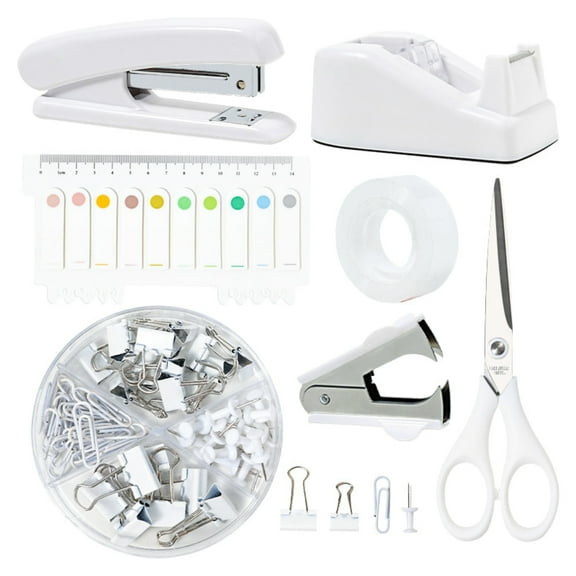 White Desk Accessories 7 Pcs, Stapler, Staple Remover, Tape Dispenser, Tape, Clips Set, Scissor, Sticky Note, White Office Supplies