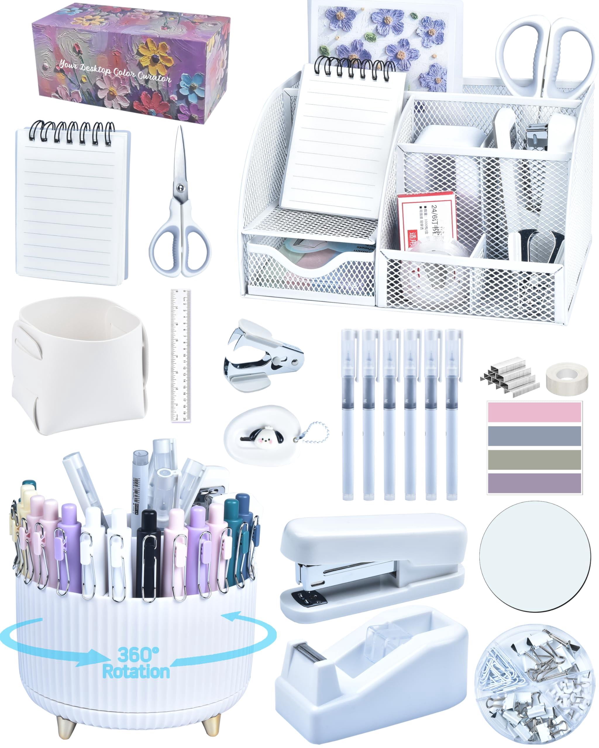 White Desk Accessories And Organizers With Organizer 360°rotating Pen Holder Stapler A Lot Of Office Supplies Beautifully Presented In Gift Box
