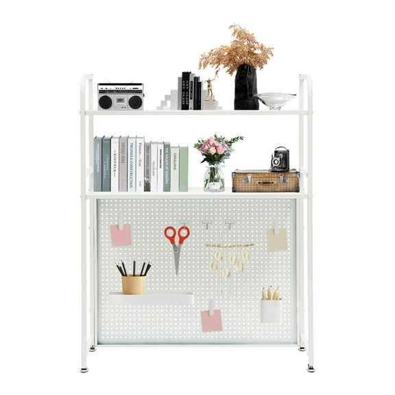 White Desk Bookshelf Organizer Rack, 2 Tier Desk Shelf with Grid Pane & Pegboard Hooks Set, Desktop Hutch Bookshelf Office Supplies Organizer