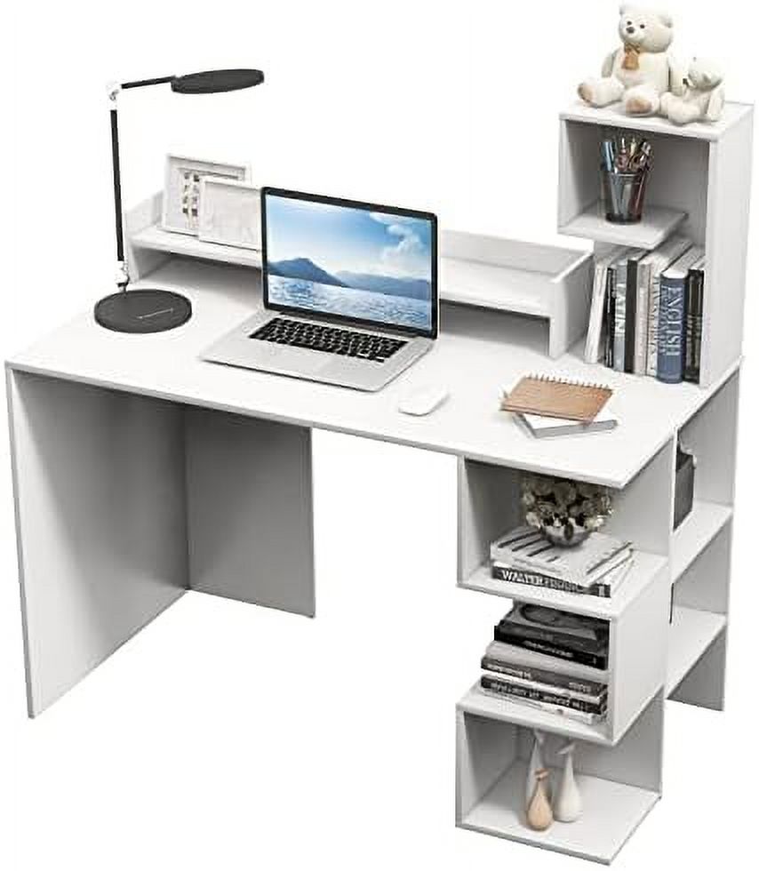 White Desk with Bookshelf & Hutch 48\u201D Office Desk with 8 Shelves