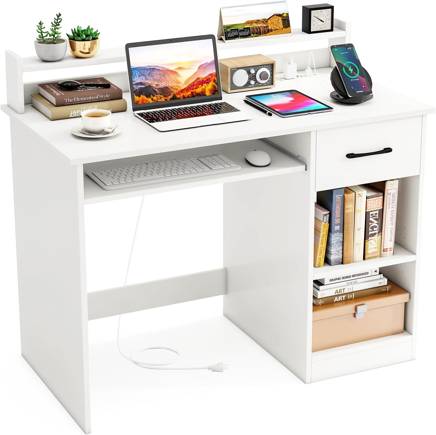 White Desk with Drawer & Keyboard Tray, Home Office Desk with Built-in Charge Station & Adjustable Shelf, Study Writing Table with Hutch, Modern Computer PC Workstation