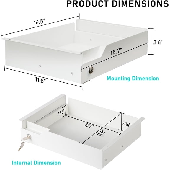 White Under Desk Drawer with Lock, Metal Hidden Storage for White Standing Desk, Minimalist Sliding Pull Out Tray for Home Office & Study, Large Organizer with Keys16"x11.8"x3.6"
