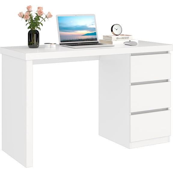 White Desk with Drawers, 43'' W Home Office Computer Desk Gaming Table, Modern Vanity Desk with Storage, Wood Writing Workstation for Bedroom, Living Room, White