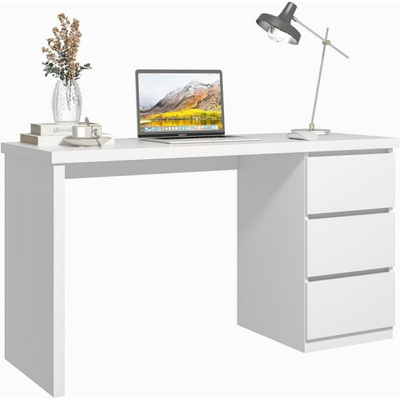 White Desk with Drawers, 55'' W Home Office Computer Desk Gaming Table, Modern Vanity Desk with Storage, Wood Writing Workstation for Bedroom, Living Room, White