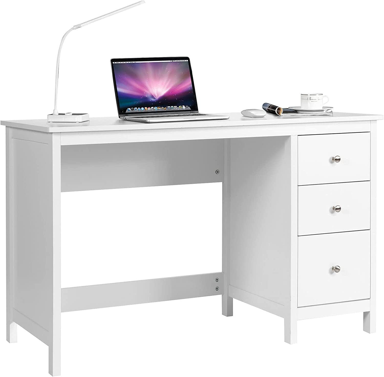 White Desk with Drawers, Modern Home Office Computer Desk with Storage