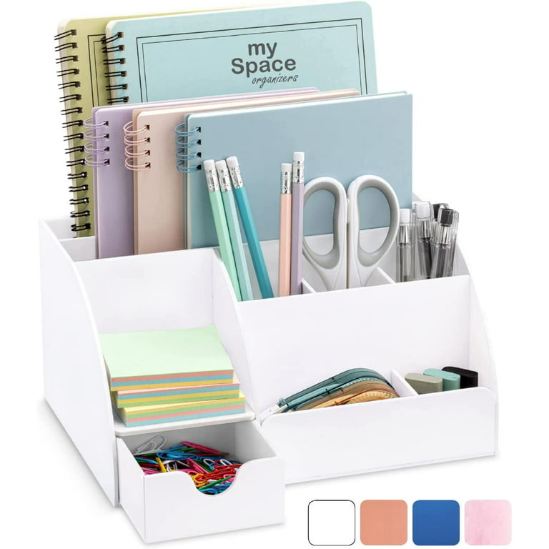 FEMELI Office Desk Organizer and Accessaries,Acrylic Desk Organizer with 8  Compartments +1 Drawer(White)