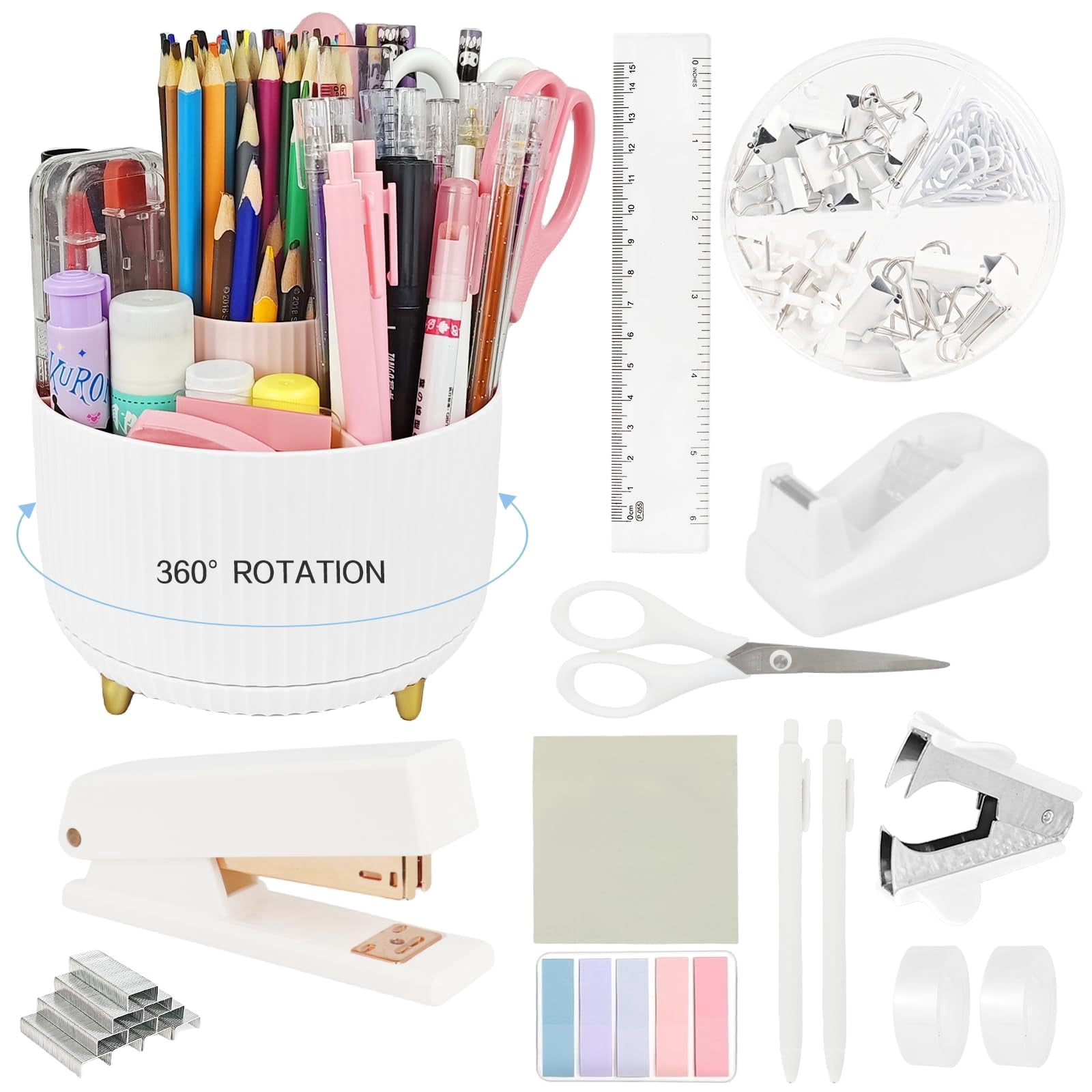 White Desk Organizer Set - 15-piece Office Supplies With 360° Rotating Pen Holder  Stapler Tape Dispenser & Clips For Home