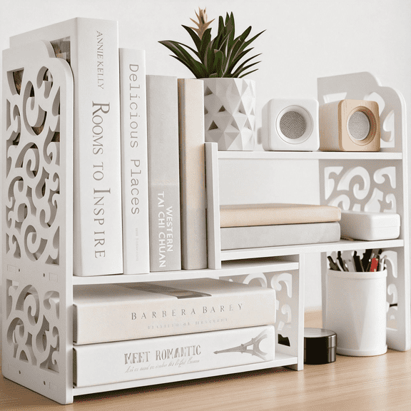 12.9x6.6x15 Inch White Desk Shelves, Desktop Organizer Office Bookshelf, Corner Table Top Storage