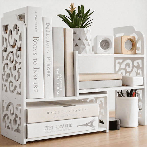 White Desk Shelves Desktop Organizer Office Organization for Top of Desk Organizers and Corner Bookshelf Table Top Shelving Small Hutch Decorations for Women Office