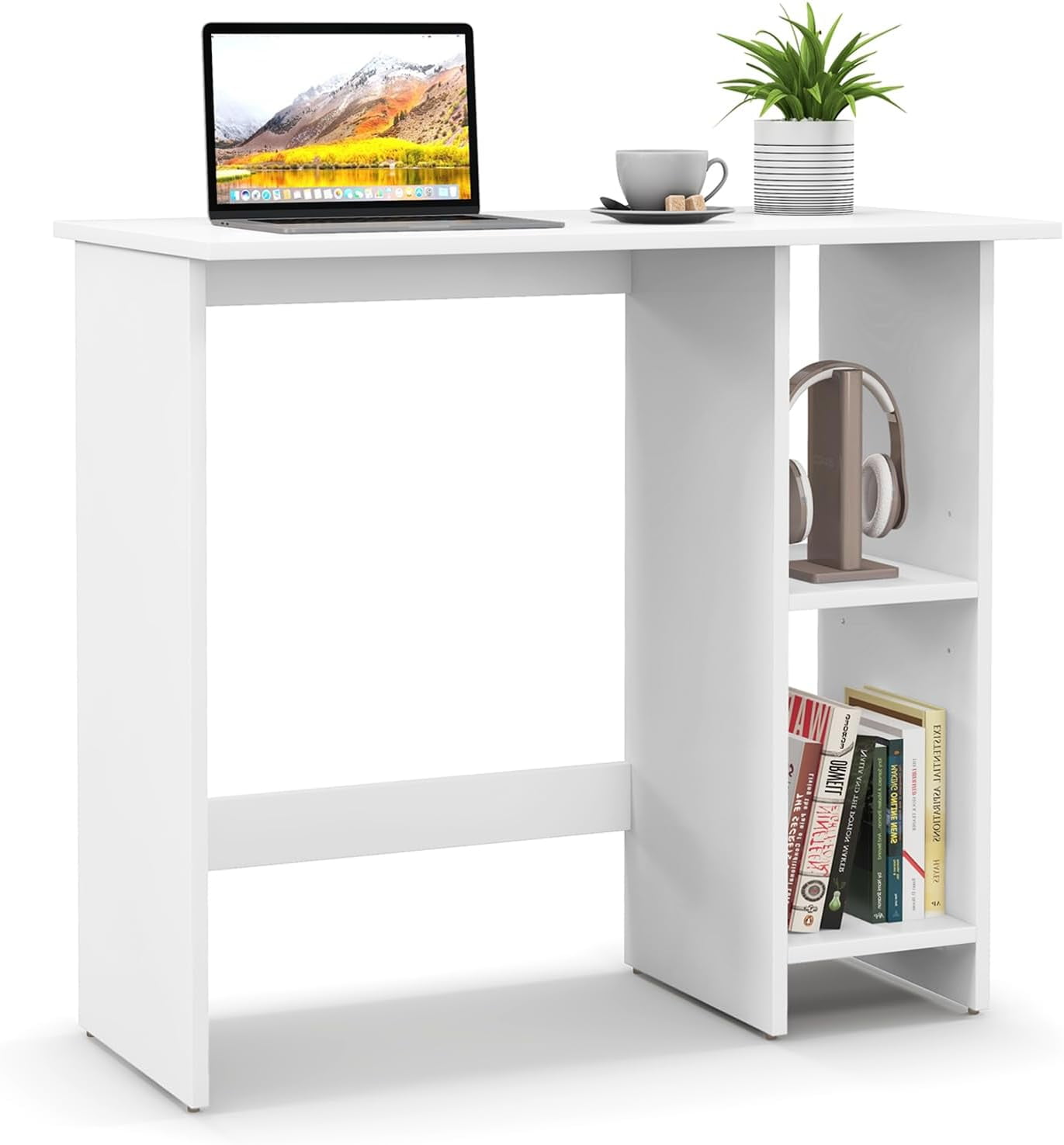 White Desk with Storage Shelves, Modern Small Writing Desk with