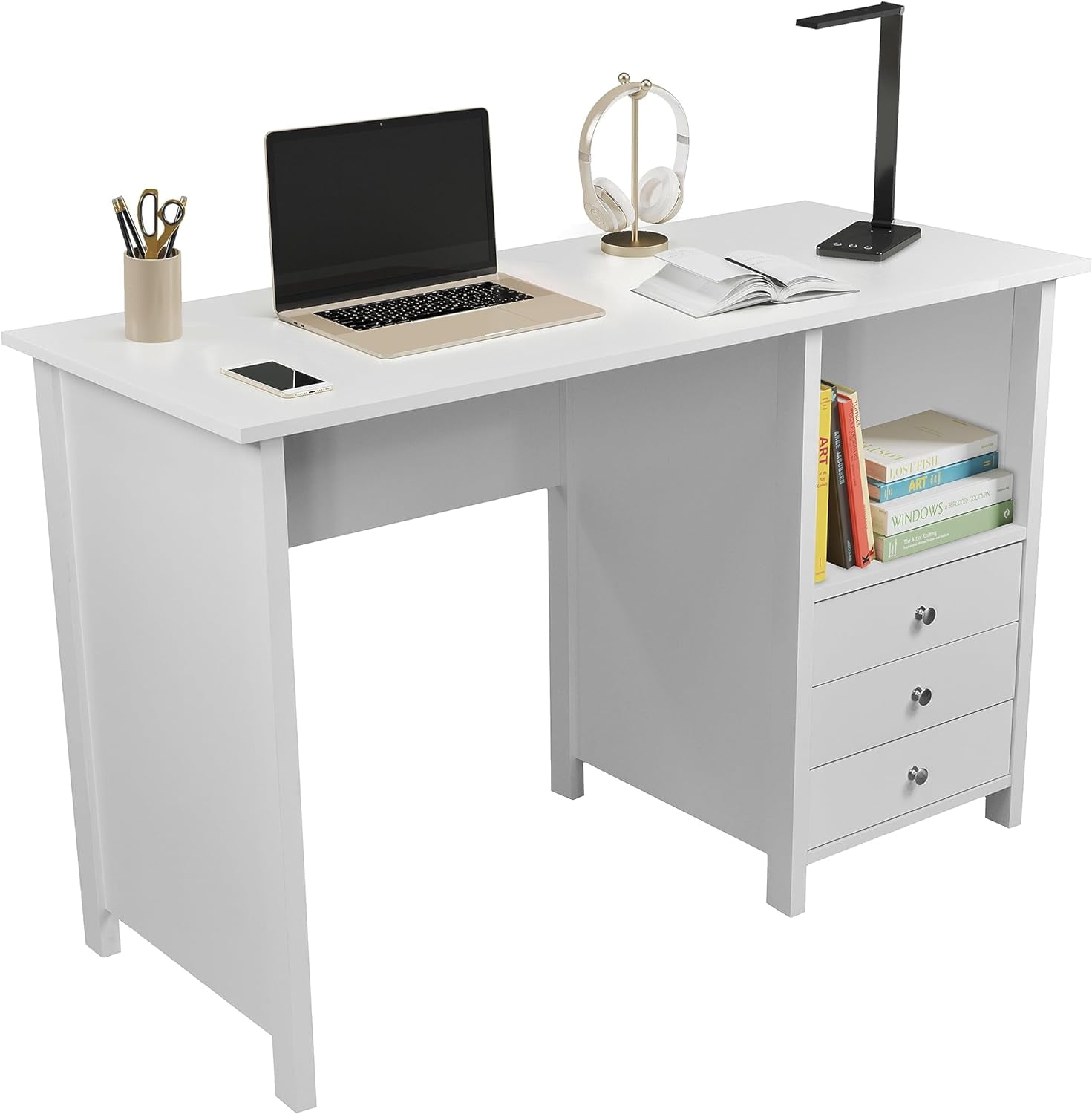 White Desk With Drawers Small Office Desk With 3 Drawers, Open Shelf, & Laminated