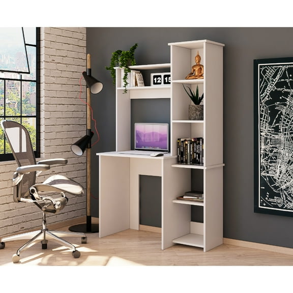 White Desk With Side Bookcase And Five Shelves - Two Superior For Office Space Featuring Slots Efficient Furniture