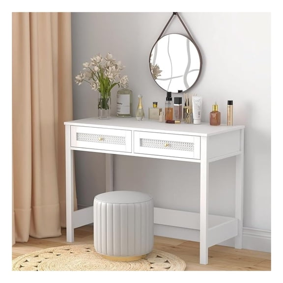White Desk with Drawers - 40 Inch Small Writing Desk for Home Office, Modern Vanity Desk with Rattan Drawer for Bedroom, Study Desk for Teen