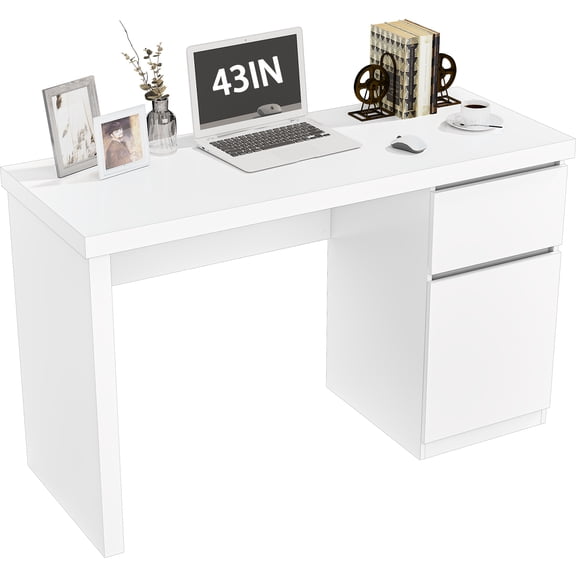 White Desk with Drawers, 43 Inch Small Cute Desk for Bedroom, Home Office PC Desks Workstation Study Table Desks with Storage, White