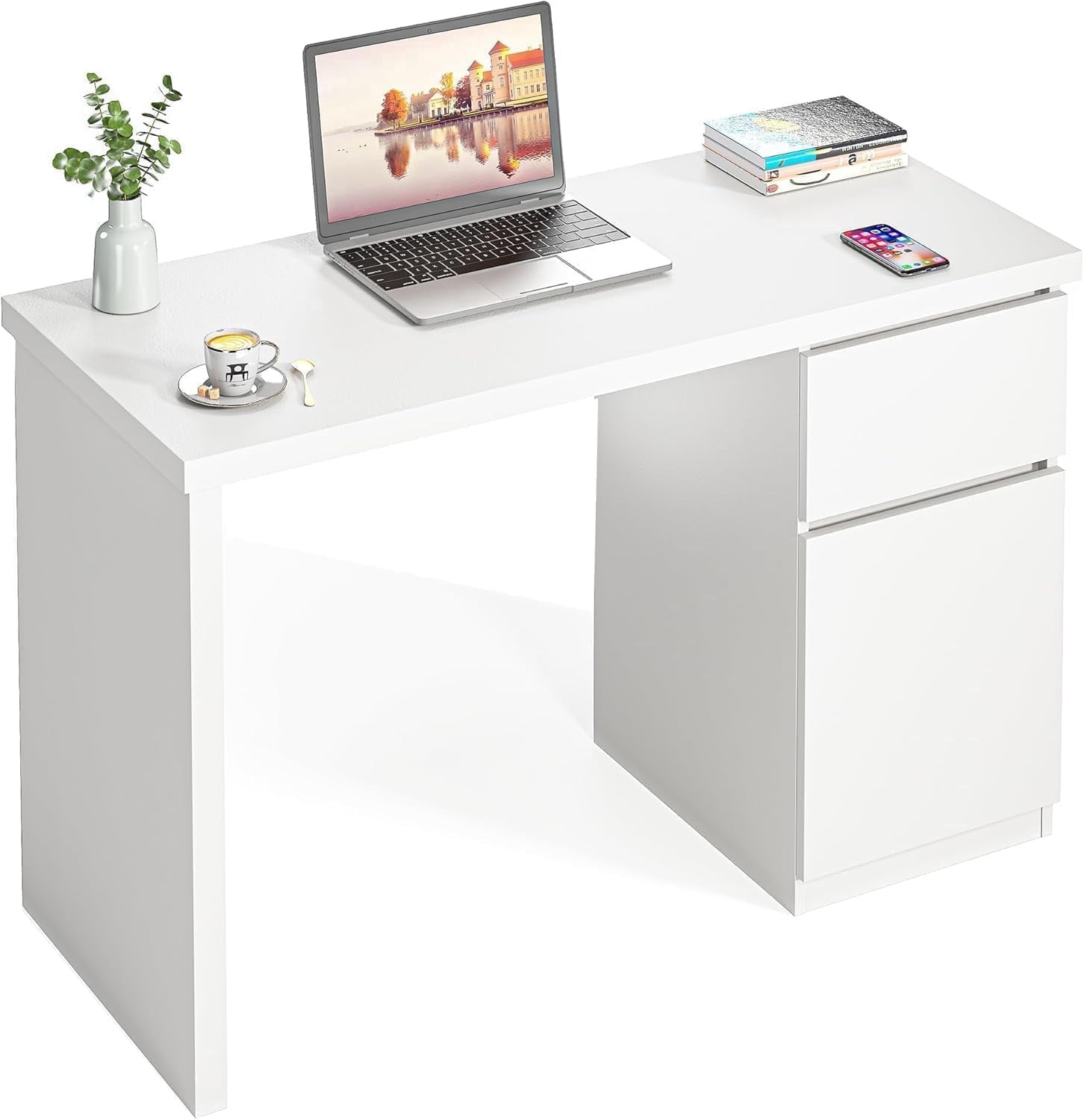 White Desk with Drawers, 55 Inch Small Cute Desk for Bedroom, Home Office PC Desk Workstation Study Table Desk with Storage, White