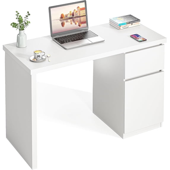 White Desk with Drawers, 55 Inch Small Cute Desk for Bedroom, Home Office PC Desk Workstation Study Table Desk with Storage, White