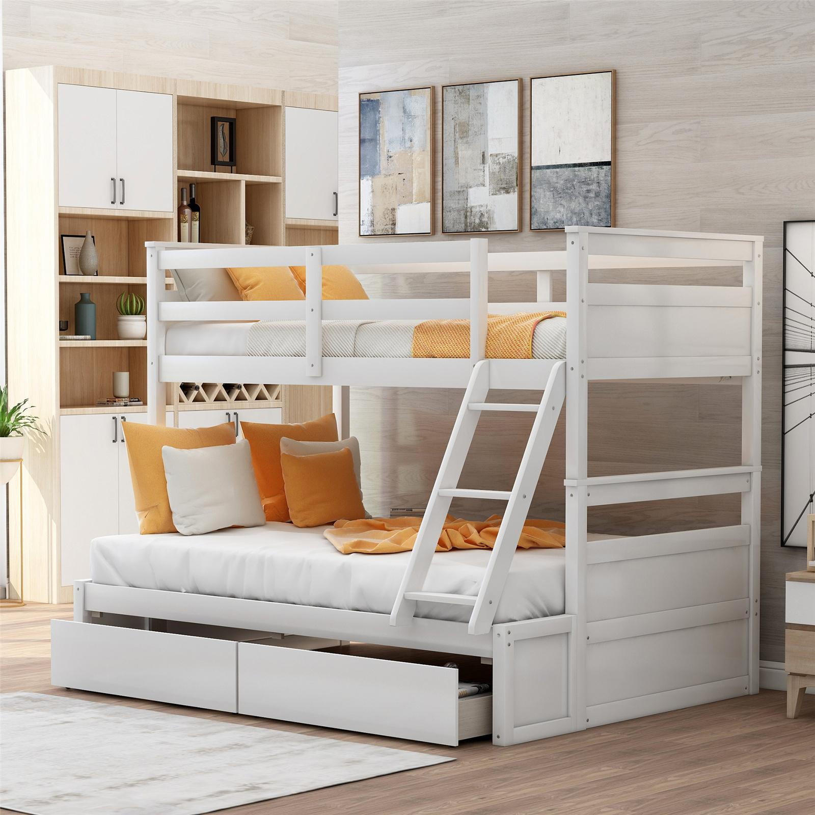 White Detachable TwinOverFull Bunk Bed with 2 Storage, Pine Wood