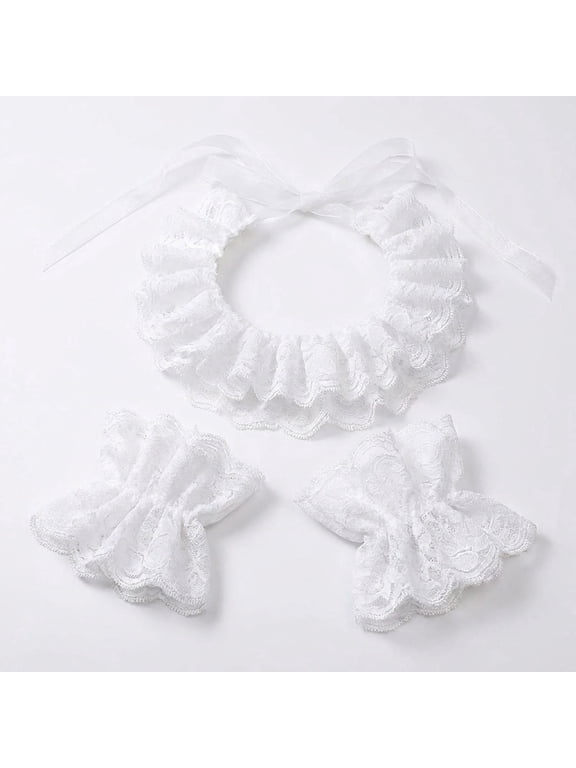 White Detachable Ruffle Collar and Cuffs Set, Lace Costume Accessory with 1 Collar & 2 Wrist Cuffs.