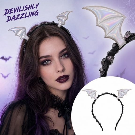 White Devil Wing Headband with Black Lace Trim and Iridescent Wings, for Halloween Party, Accessory
