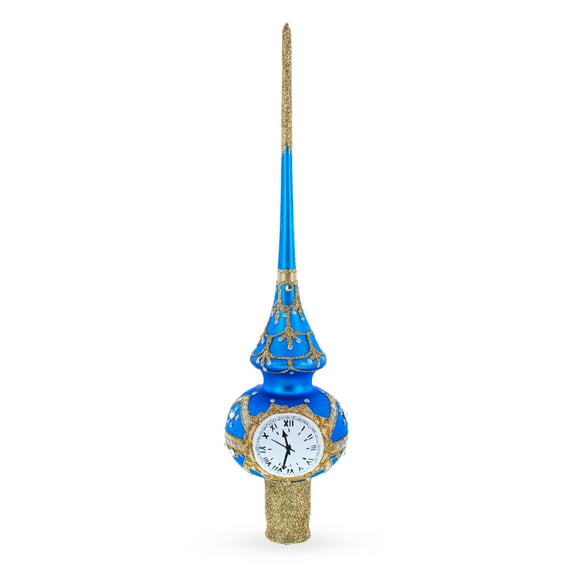 White Dial Clock on Blue and Gold Glass Christmas Tree Topper 11 Inches