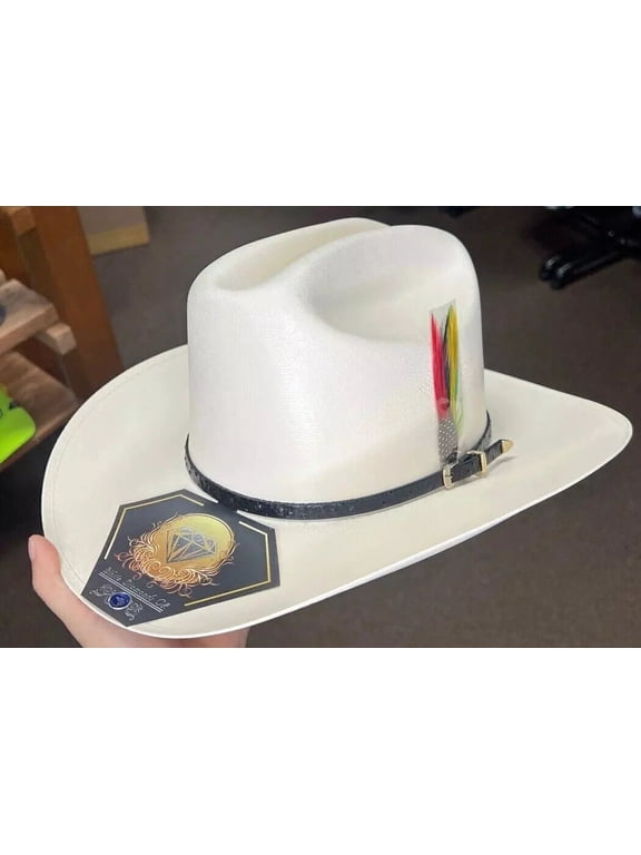 White Diamond 100x Straw Cowboy Hat W Feather Sinaloa Style Brim 3 1/2"