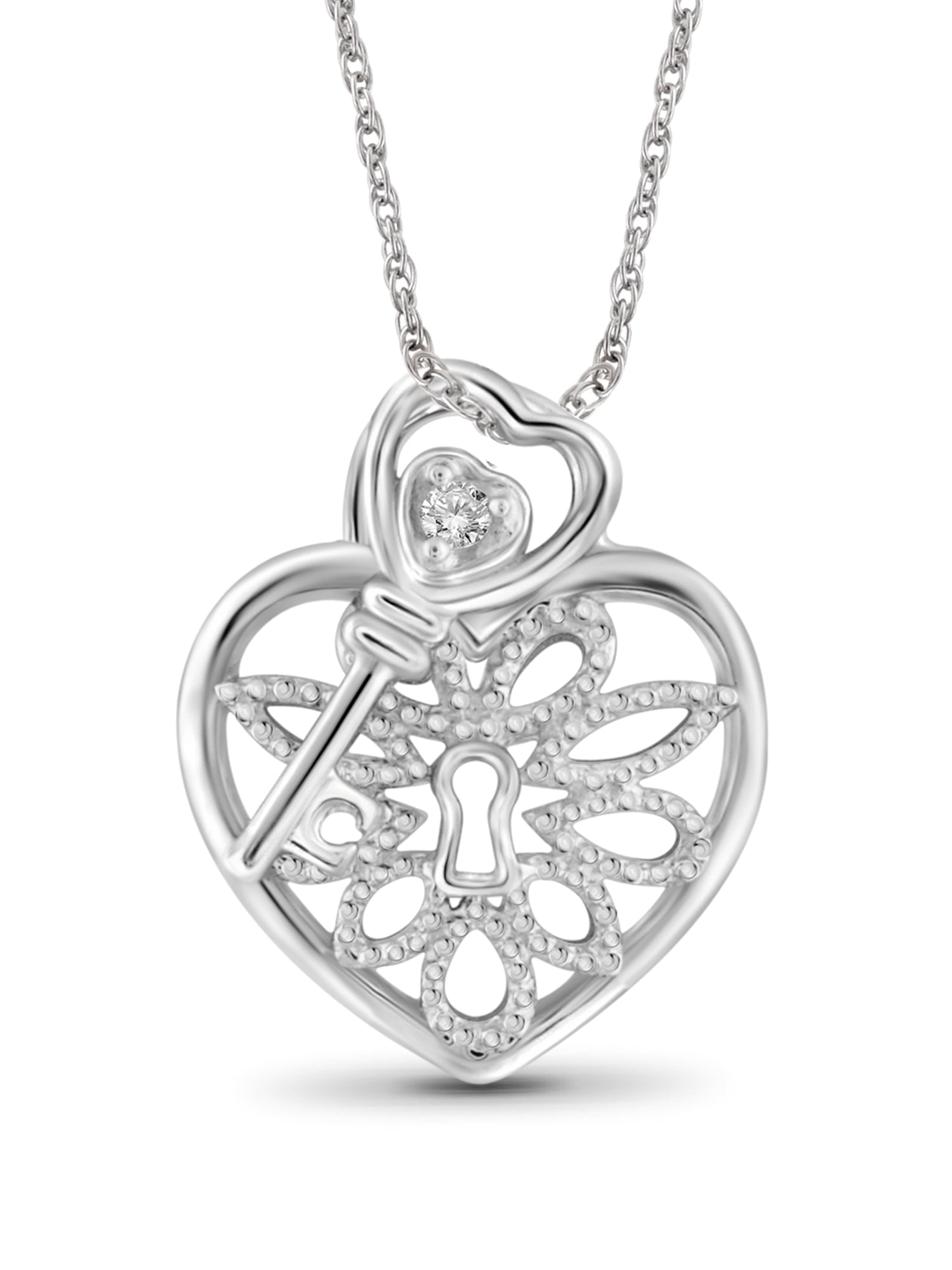 White Diamond Accent Sterling Silver Heart Pendant with Key