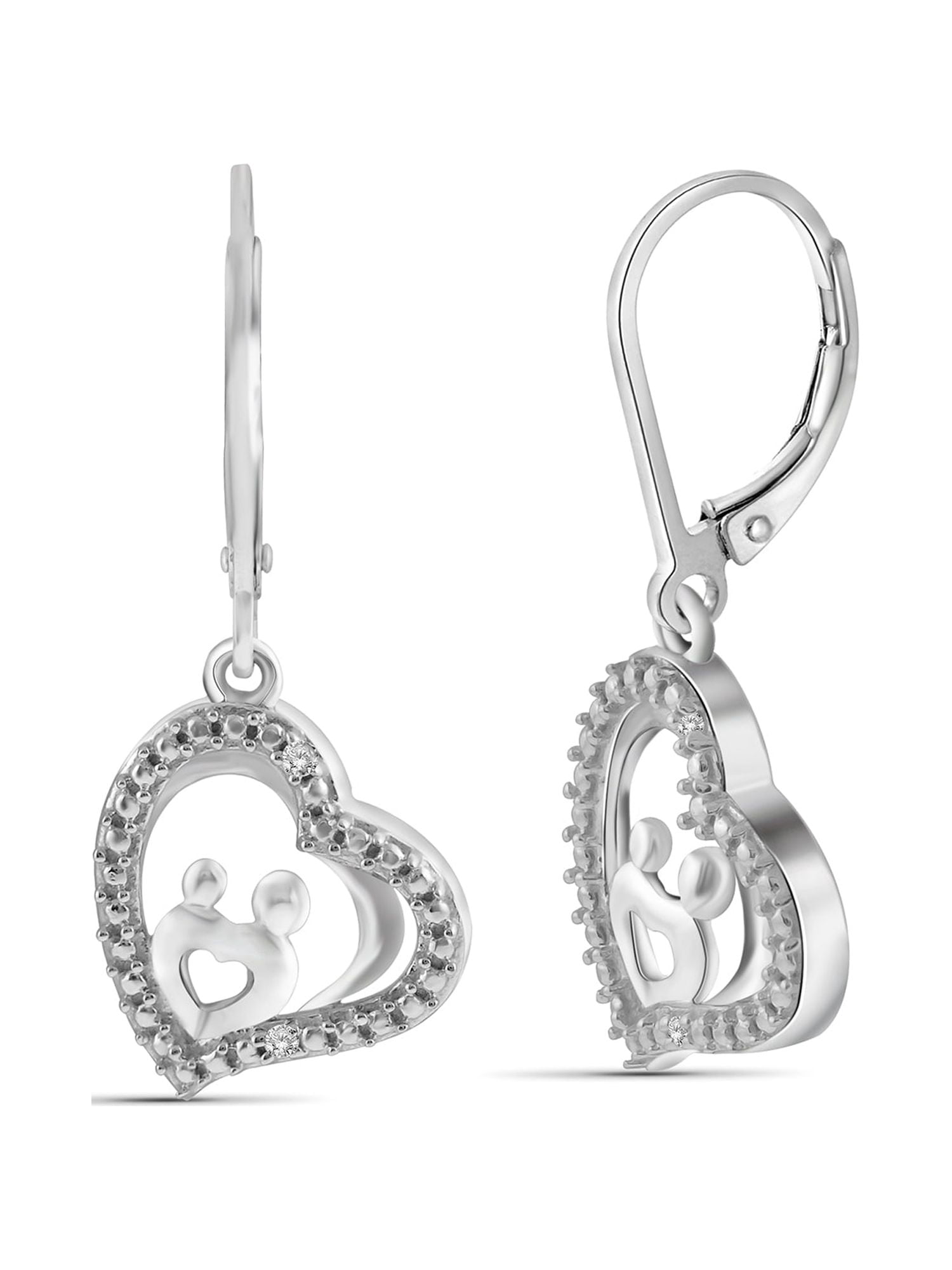 White Diamond Accent Sterling Silver Mother and Child Heart Dangling Earrings