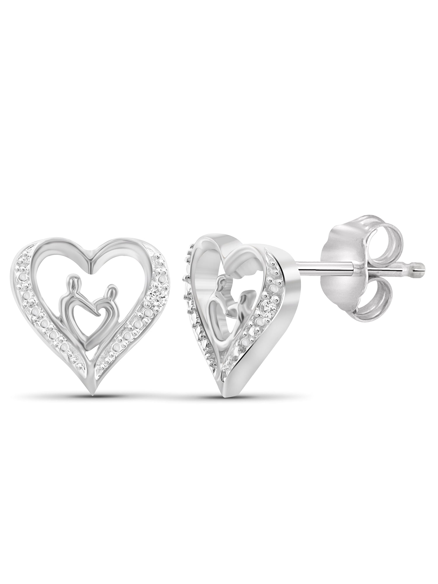 White Diamond Accent Sterling Silver Mother and Child Heart Stud Earrings