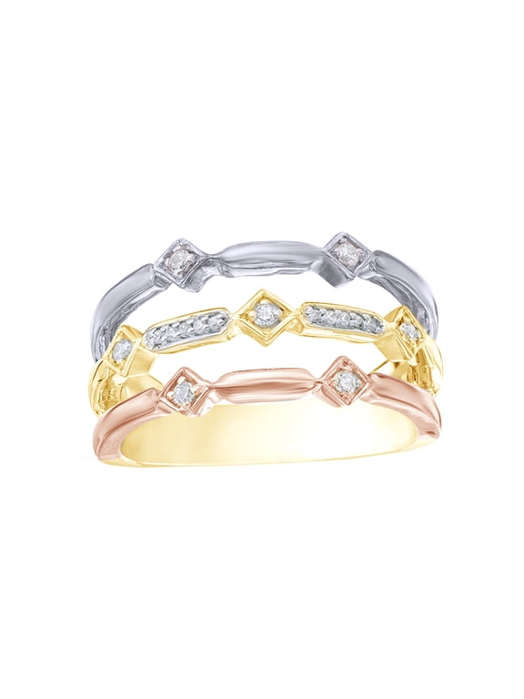 White Diamond Alternating Geometric Three Row Ring in 10k Tri-Tone Yellow Gold