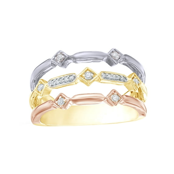 AFFY White Diamond Alternating Geometric Three Row Ring in 10k Tri-Tone Yellow Gold