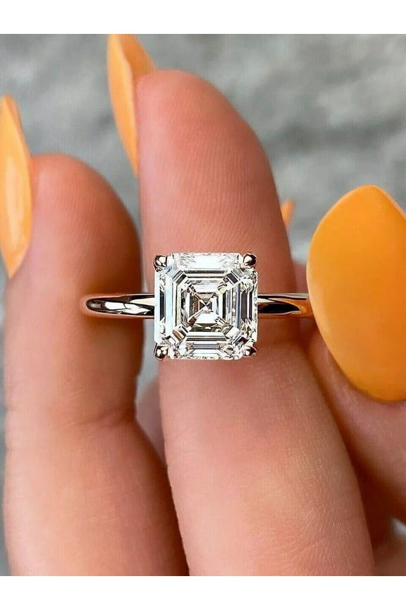 White Diamond Asscher Cut Solitaire Ring 925 Silver