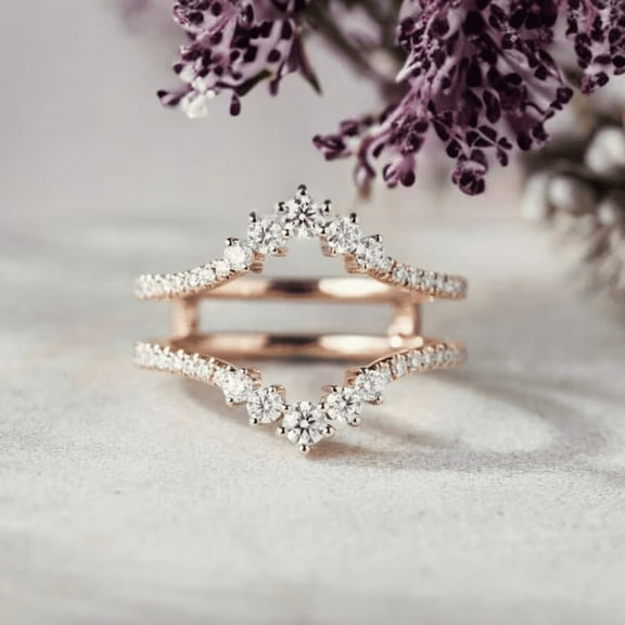 White Diamond Double Curved Wedding Ring Enhancer- 14K Rose Gold Vermeil- Stacking Matching Promise Custom Wedding Rings For Women