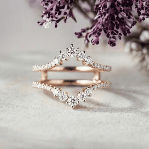 White Diamond Double Curved Wedding Ring Enhancer- 14K Rose Gold Vermeil- Stacking Matching Promise Custom Wedding Rings For Women