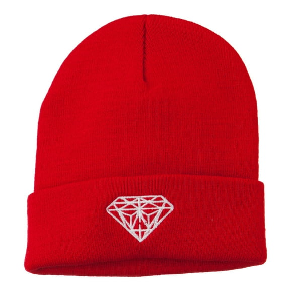 White Diamond Embroidered Long Cuff Beanie - Red OSFM