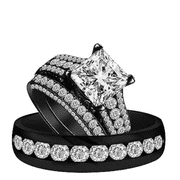 White Diamond His & Her Trio Ring Set in 14k Black Gold Vermeil - Couples Promise Ring Set - Anniversary Ring