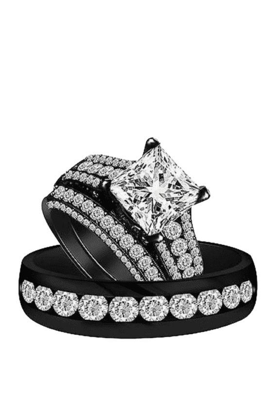 White Diamond His & Her Trio Ring Set in 14k Black Gold Vermeil - Couples Promise Ring Set - Anniversary Ring