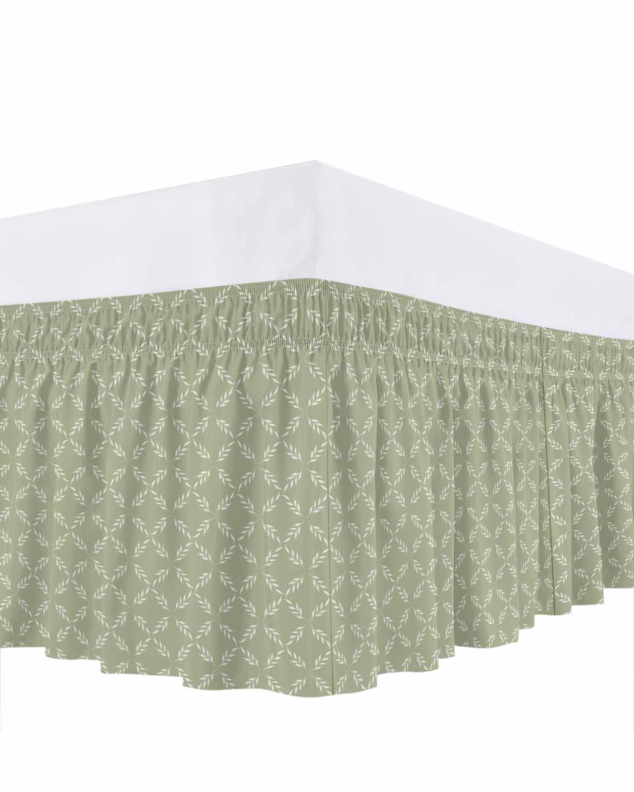 White Diamond Lattice Bed Skirt Green Retro Plaid Texture Bed Skirts Queen Size 16 Inch Drop, Wrap Around Dust Ruffle&nbsp;Bedskirt with Adjustable Elastic Belt for Queen Size Beds