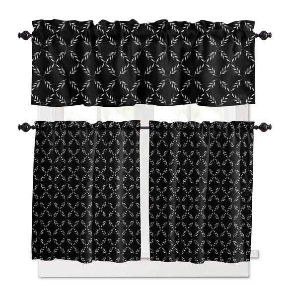 White Diamond Lattice Kitchen Curtains Valances and Tiers Set of 3, 24 Inch Length Tier Curtains and Valance Rod Pocket Valance Curtains Set for Kitchen Bathroom Small Windows