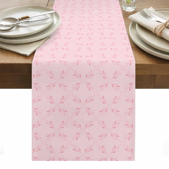 White Diamond Lattice Table Runner, Pink Floral Retro Plaid Texture Cotton Linen Table Cloth, Tablerunner for Kitchen Dining Party Wedding Home Decor 13x36 Inch