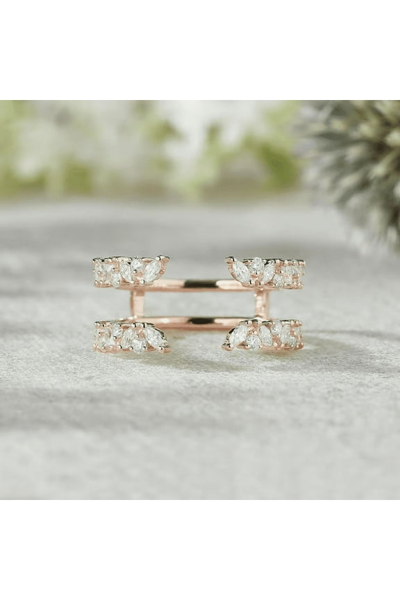 White Diamond Marquise Cut Open Ring Enhancer- Double Curved Wedding Band in 14K Rose Gold Vermeil- Mother's Day Special
