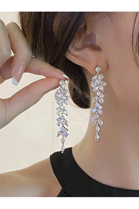White Diamond Rhinestone Leaf-Design Long Dangle Earrings For Women