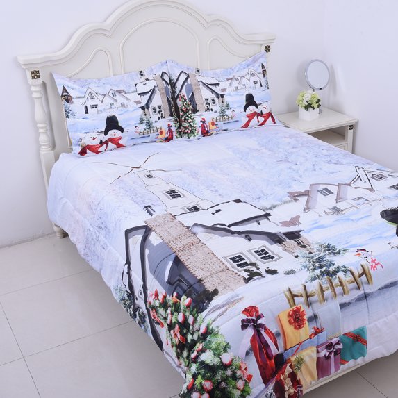 White Digital Printed Christmas Gifts Theme Pattern Microfiber Comforter Set of 2 Shams Breathable Durable Ultra Soft Warm Cozy Luxury Winter Bedspread Bedding Set