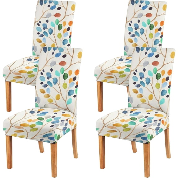 White Dining Chair Covers Set of 4,Color Leaves Stretch Parsons Chair slipcovers,Kitchen Spring Summer Decor Chair Seat Cover Protectors(Colorful Leaf,4 Pack)