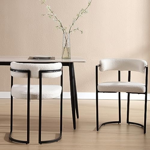 White Dining Chairs Set of 2, Modern Upholstered Sherpa Dining Chair Accent Barrel Chair Curved Back Armchair with Metal Frame for Kitchen Living Room
