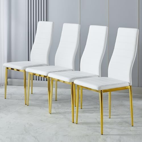 White Dining Chairs Set of 4 with Gold Legs,Metal Kitchen Chairs Armless,Modern Kitchen Chair Set of 4 for Dining Room,High Back Dining Room Table Chair for Restaurant,Cafe (White)
