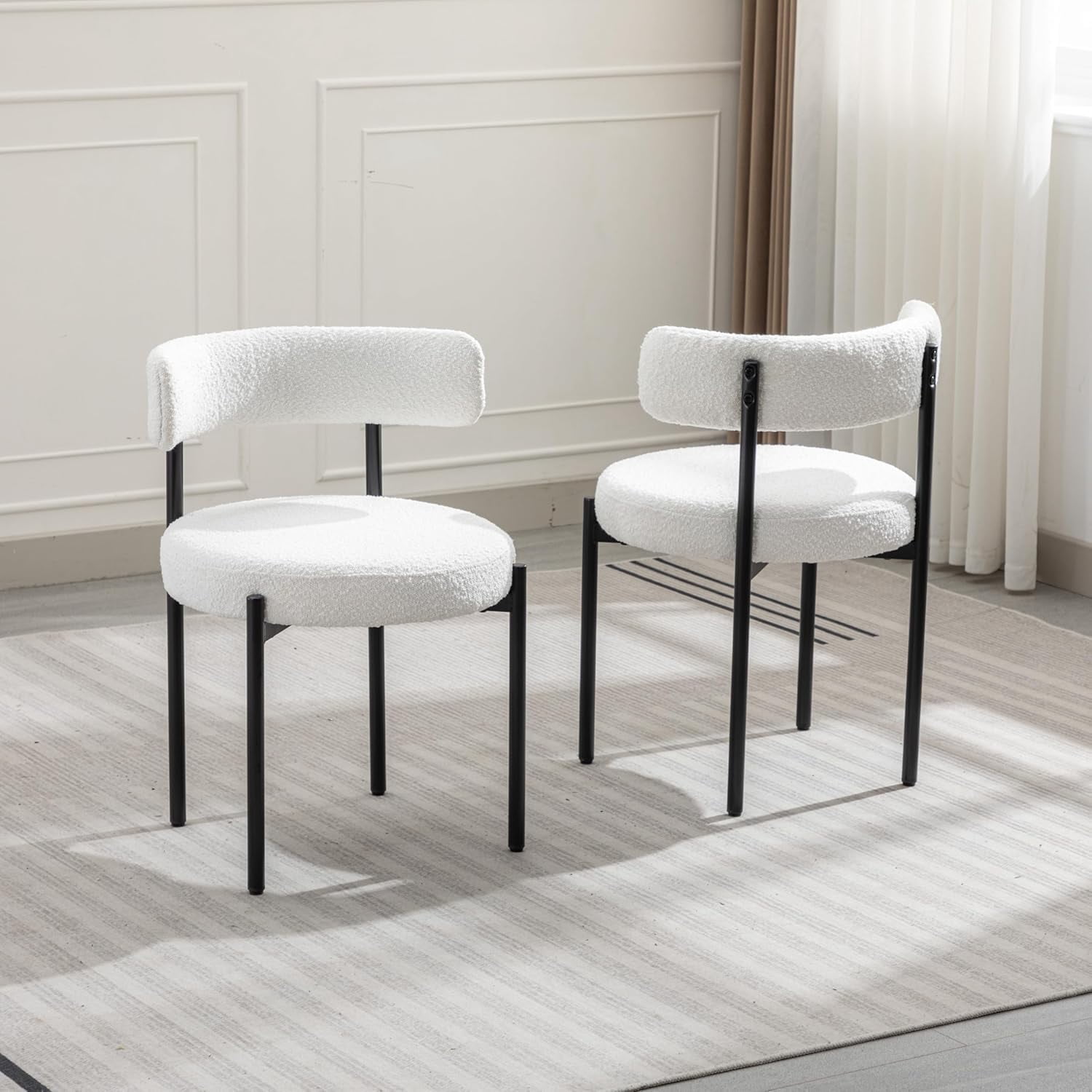 White Boucle Upholstered Dining Side Chairs with Black Metal Legs, Set of 2